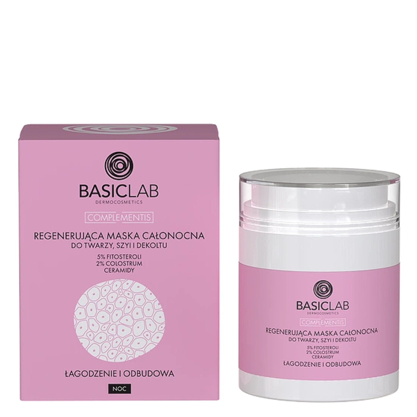 BasicLab Regenerująca maska całonocna do twarzy, szyi i dekoltu, 5% fitosteroli, 2% colostrum, ceramidy, Łagodzenie i Odbudowa 50ml