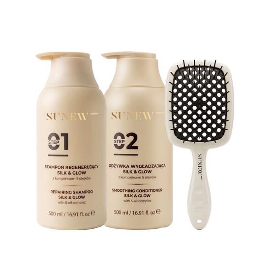 SunewMed+ Zestaw do pilęgnacji włosów Haircare Silk & Glow Szampon Odżywka Szczotka